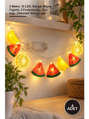 Yenilig 4 Adet LED Dize Işığı – 2 Metre, 10 Led, Karışık Meyve Figürlü, 2 Fonksiyonlu, Gün Işığı, Dekoratif String Light