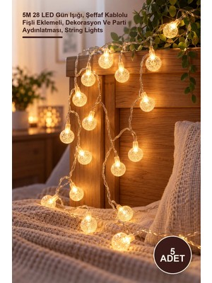 Yenilig 5 Adet Kristal Top LED Işık Zinciri – 5m 28 LED Gün Işığı, Şeffaf Kablolu Fişli Eklemeli, Dekorasyon ve Parti Aydınlatması, String Lights