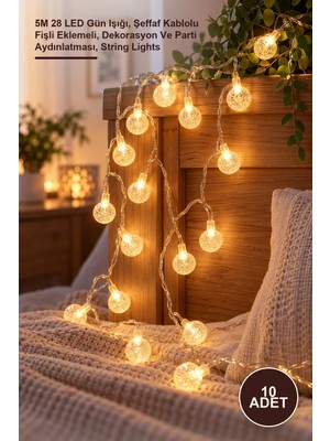 Yenilig 10 Adet Kristal Top LED Işık Zinciri – 5m 28 LED Gün Işığı, Şeffaf Kablolu Fişli Eklemeli, Dekorasyon ve Parti Aydınlatması, String Lights