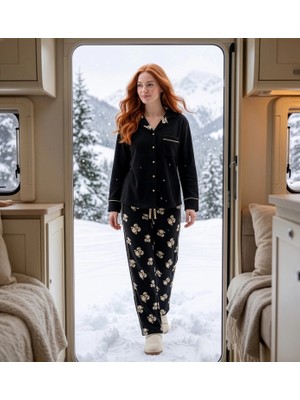 Pijamoni Kadın Waffle Kumaş Göğüs Cepli Uzun Kollu Pijama Takımı