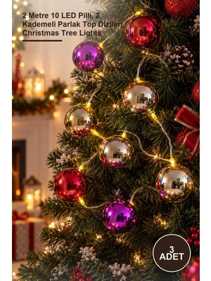 Yenilig 3 Adet LED Yılbaşı Ağacı Süsü – 2 Metre 10 LED Pilli, 2 Kademeli Parlak Top Dizileri, Christmas Tree Lights