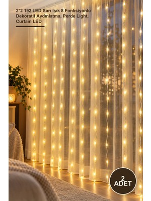Yenilig 2 Adet Perde LED Işığı – 2*2 192 LED Sarı Işık 8 Fonksiyonlu Dekoratif Aydınlatma, Perde Light, Curtain LED