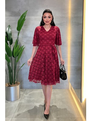 Giyimmasalı Dantel Kumaş V Yaka Midi Elbise - BORDO-GYM-3047