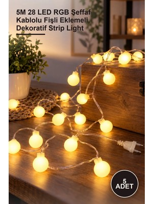 Yenilig 5 Adet LED Şerit Aydınlatma – 5m 28 LED Rgb Şeffaf Kablolu Fişli Eklemeli, Dekoratif Strip Light
