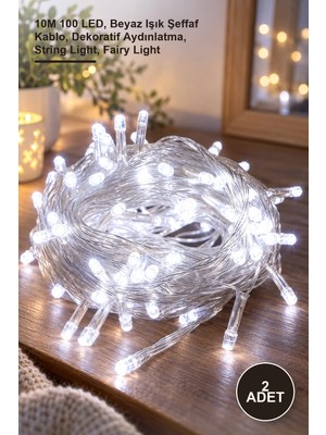 Yenilig 2 Adet LED Boncuk Lamba – 10M 100 Led, Beyaz Işık Şeffaf Kablo, Dekoratif Aydınlatma, String Light, Fairy Light