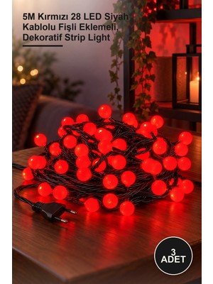 Yenilig 3 Adet LED Şerit Aydınlatma – 5m Kırmızı 28 LED Siyah Kablolu Fişli Eklemeli, Dekoratif Strip Light