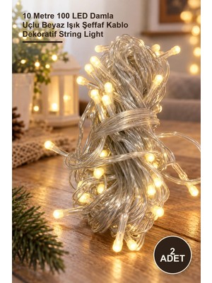 Yenilig 2 Adet LED Dize Işığı – 10 Metre 100 LED Damla Uçlu Beyaz Işık Şeffaf Kablo Dekoratif String Light