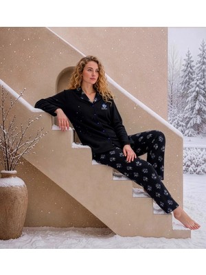 Pijamoni Kadın Waffle Kumaş Önden Düğmeli Uzun Kollu Pijama Takımı