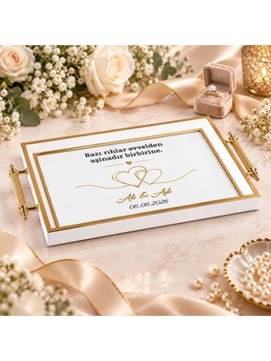 Bk Gift Kişiye Özel Beyaz&gold Söz Nişan Tepsisi-2 - 39X23 cm