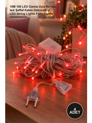 Yenilig 4 Adet LED Işık Zinciri – 10M 100 LED Damla Uçlu Kırmızı Işık Şeffaf Kablo Dekoratif Ip LED String Lights Fairy Lights