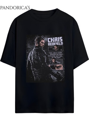 Pandorica's Resident Evil Tasarım Serisi "chrıs Redfıeld" Baskılı Unisex Pamuklu Gamer T-Shirt