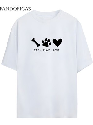 "eat,play,love" Yazılı Pati Baskılı Köpeksever Unisex Pamuklu Tişört