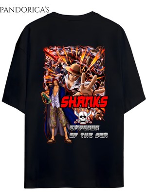 One Pıece Tasarım Serisi "shanks" Sırt Baskılı Yazılı Unısex Pamuklu Tişört