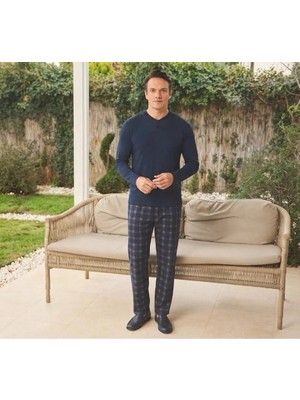 Pijamoni Erkek Penye Kumaş Düğmeli Yaka Koyu Lacivert Pijama Takımı