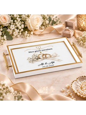Bk Gift Kişiye Özel Beyaz&gold Söz Nişan Tepsisi-3 - 39X23 cm