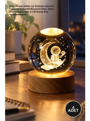 Yenilig 4 Adet Cam Küre – Işıklı, Ahşap Altlıklı, Ay Üstünde Astronot Tasarımlı Dekoratif Masaüstü Obje, Glass Globe, Night Light, 8 cm Büyük Boy