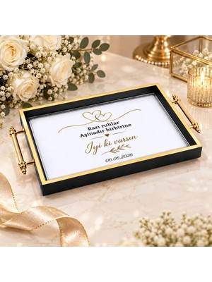 Bk Gift Kişiye Özel Siyah&gold Söz Nişan Tepsisi-6 - 39X23 cm