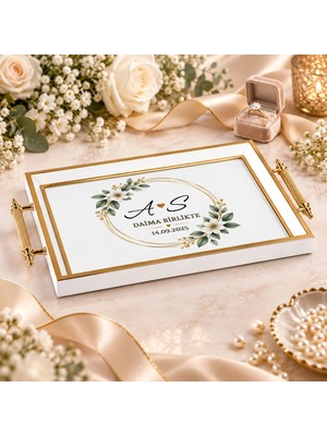 Bk Gift Kişiye Özel Beyaz&gold Söz Nişan Tepsisi-7 - 39X23 cm