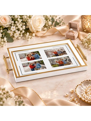 Bk Gift Kişiye Özel Fotoğraflı Beyaz&gold Söz Nişan Tepsisi-1 - 39X23 cm