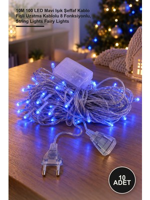 Yenilig 10 Adet LED Damla Uçlu Işık Zinciri – 10M 100 LED Mavi Işık Şeffaf Kablo Fişli Uzatma Kablolu 8 Fonksiyonlu, String Lights Fairy Lights