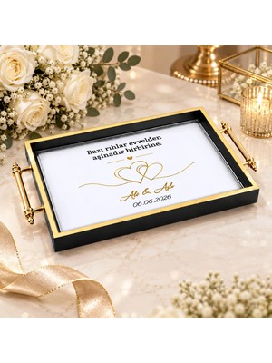 Bk Gift Kişiye Özel Siyah&gold Söz Nişan Tepsisi-2 - 39X23 cm