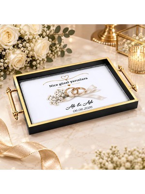 Bk Gift Kişiye Özel Siyah&gold Söz Nişan Tepsisi-3 - 39X23 cm