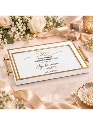 Bk Gift Kişiye Özel Beyaz&gold Söz Nişan Tepsisi-6 - 39X23 cm