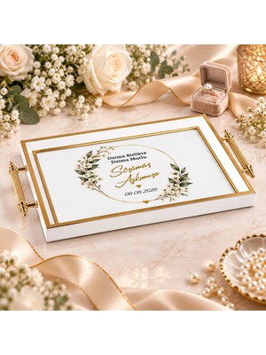 Bk Gift Kişiye Özel Beyaz&gold Söz Nişan Tepsisi-5 - 39X23 cm