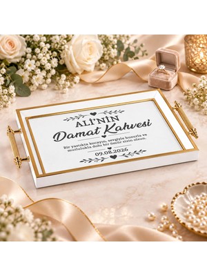 Bk Gift Kişiye Özel Beyaz&gold Söz Nişan Tepsisi-1 - 39X23 cm