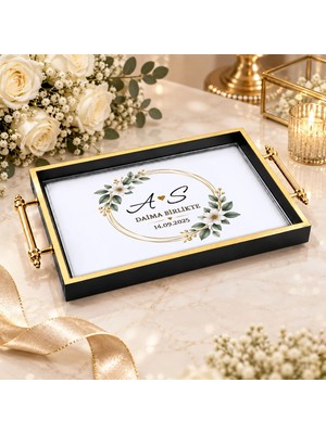 Bk Gift Kişiye Özel Siyah&gold Söz Nişan Tepsisi-7 - 39X23 cm