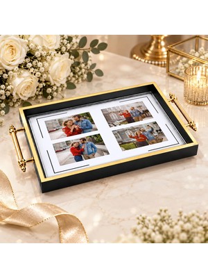 Bk Gift Kişiye Özel Fotoğraflı Siyah&gold Söz Nişan Tepsisi-1 - 39X23 cm