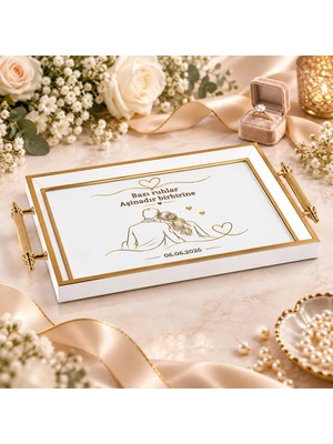 Bk Gift Kişiye Özel Beyaz&gold Söz Nişan Tepsisi-8 - 39X23 cm
