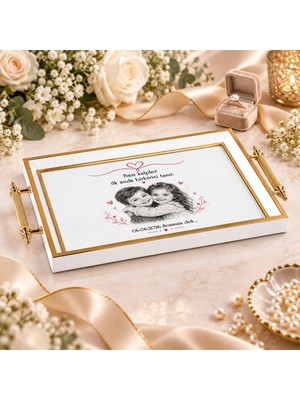 Bk Gift Kişiye Özel Fotoğraflı Beyaz&gold Söz Nişan Tepsisi-2 - 39X23 cm