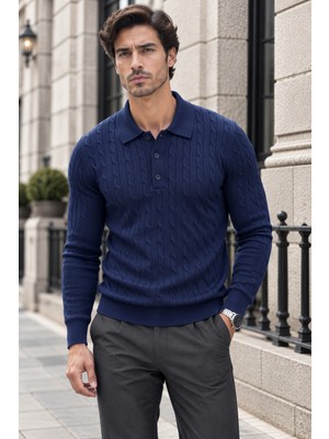 Quhox Erkek Saç Örgü Desenli Polo Yaka Uzun Kollu Triko Kazak - Lacivert