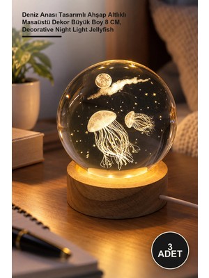 Yenilig 3 Adet Işıklı Cam Küre – Deniz Anası Tasarımlı Ahşap Altlıklı Masaüstü Dekor Büyük Boy 8 Cm, Decorative Night Light Jellyfish