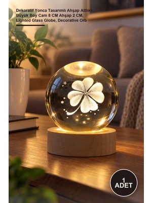 Yenilig 1 Adet Işıklı Cam Küre – Dekoratif Yonca Tasarımlı Ahşap Altlıklı Büyük Boy Cam 8 cm Ahşap 2 Cm, Lighted Glass Globe, Decorative Orb