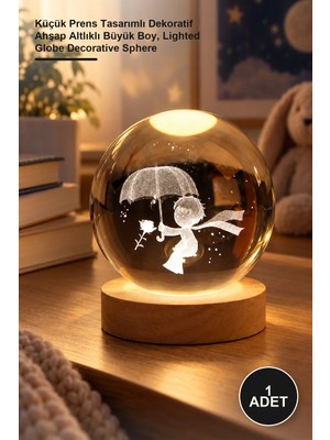 Yenilig 1 Adet Işıklı Cam Küre – Küçük Prens Tasarımlı Dekoratif Ahşap Altlıklı Büyük Boy, Lighted Globe Decorative Sphere