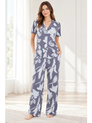 Lilac Kadın %100 Viskon Gri Desenli Gömlek Yaka Pijama Takımı