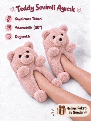 Bermody Teddy Sevimli Ayıcık Figürlü Ekru Kaymaz Taban Kadın Sıcak Tutan Ev Pandufu Hayvanlı Terlik