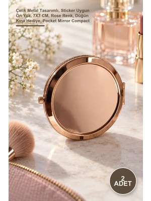 Yenilig 2 Adet Promosyon Cep Aynası – Çelik Metal Tasarımlı, Sticker Uygun Ön Yüz, 7x7 Cm, Rose Renk, Düğün Kına Hediye, Pocket Mirror Compact