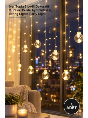 Yenilig 3 Adet Küre Toplu Perde Işık – Her Topta 5 Ledli Dekoratif Küreler, Perde Aydınlatması, String Lights Party Light