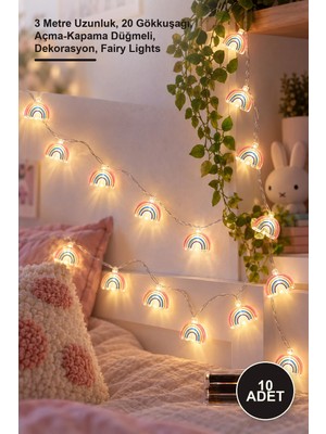 Yenilig 10 Adet LED Işıklı Gökkuşağı Dekoratif Ip – 3 Metre Uzunluk, 20 Gökkuşağı, Açma-Kapama Düğmeli, Dekorasyon, Fairy Lights