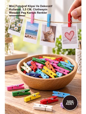 Yenilig 3000 Adet Ahşap Renkli Mandal – Mini Fotoğraf Klipsi ve Dekoratif Kullanım, 3,5 Cm, Clothespin Wooden Peg Karışık Renkler