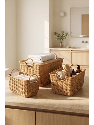 Digithome 3'lü Rattan Hasır Dekoratif  Kulplu Organizer Sepet - M-1737