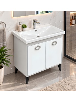 Turkuaz Lavabolu 90 cm Beyaz Banyo Dolabı - Çift Kapaklı , Ayaklı , Hazır Montajlı