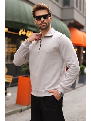 Madmext Gri Dik Yaka Yarım Fermuarlı Erkek Sweatshirt E7211