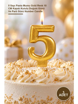 Yenilig 3 Adet Rakam Mum – 5 Sayı Pasta Mumu Gold Renk 10 cm Kapalı Kutulu Doğum Günü ve Parti Süsü Number Candle