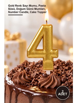 Yenilig 2 Adet 4 Rakam Pasta Mumu – Gold Renk Sayı Mumu, Pasta Süsü, Doğum Günü Mumları, Number Candle, Cake Topper