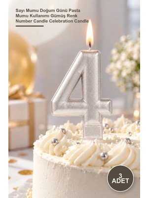 Yenilig 3 Adet 4 Rakam Mum – Sayı Mumu Doğum Günü Pasta Mumu Kullanımı Gümüş Renk Number Candle Celebration Candle