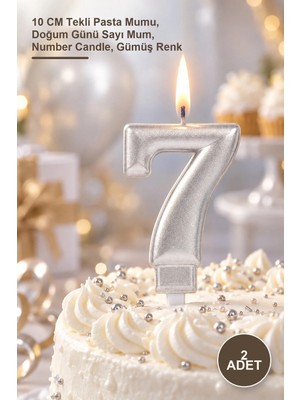 Yenilig 2 Adet 7 Rakam Mum – 10 cm Tekli Pasta Mumu, Doğum Günü Sayı Mum, Number Candle, Gümüş Renk